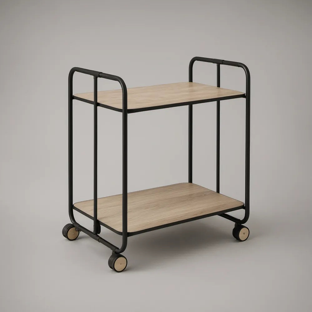2-Shelf Rolling Utility Cart with Handles, Steel Frame and Oak-Effect MDF Shelves, 23.6 x 15.7 x 30.7 in, Black/Natural Oak