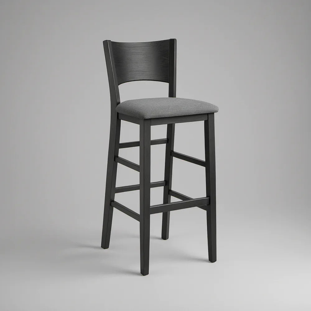 30 in Black Rubberwood Bar Stool with Gray Upholstered Seat and Curved Backrest, 18 x 19 x 43 in