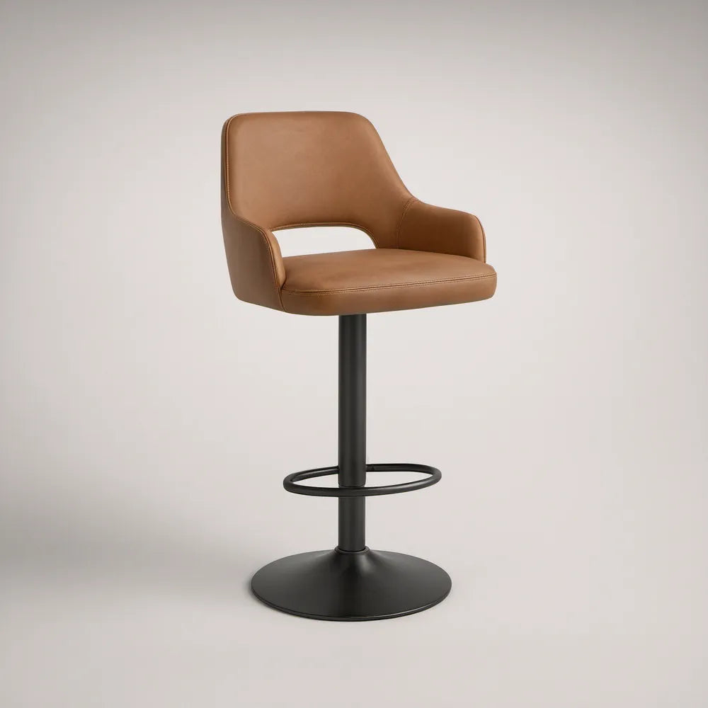 Adjustable Swivel Bar Stool with Arms, 21.5 x 21 x 40-48 in, Brown PU Upholstery, Black Steel Base