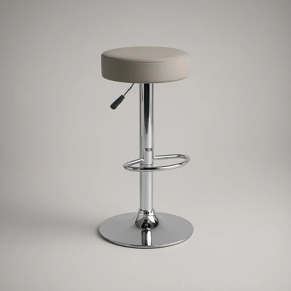 Adjustable Round Bar Stool with Gray PU Upholstered Seat, Chrome Steel Base and Footrest, 14.5 x 14.5 x 22-30 in