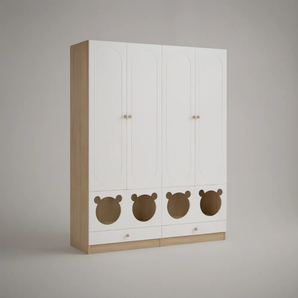 Kids' 4-Door Storage Wardrobe with 2 Drawers, Bear Cutouts, White and Natural Oak, 63 W x 19.7 D x 70.9 H in