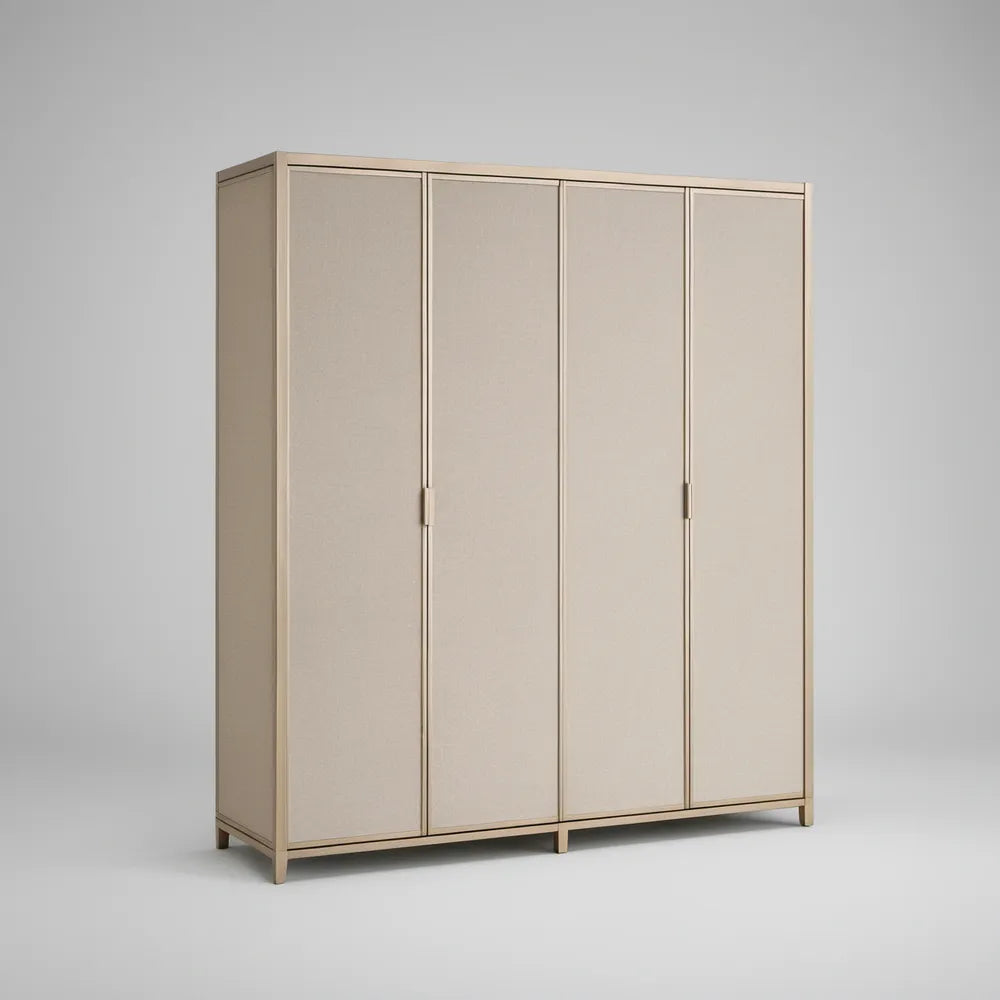 Beige 4-Door MDF Armoire with Rubberwood Legs, 78.7 x 23.6 x 78.7 in
