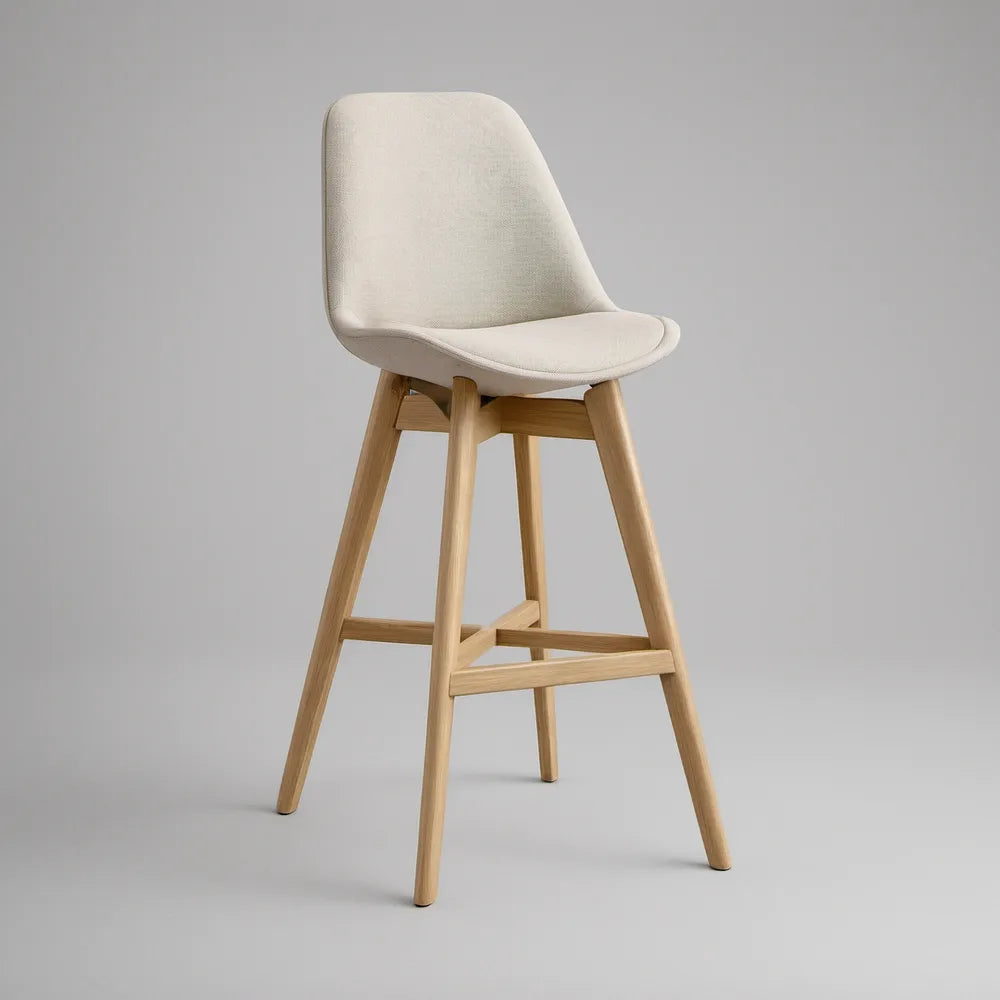 Cream Upholstered Bar Stool with Back, Natural Rubberwood Legs, 19.7 x 20.5 x 40.2 in, 29.5 in Seat Height