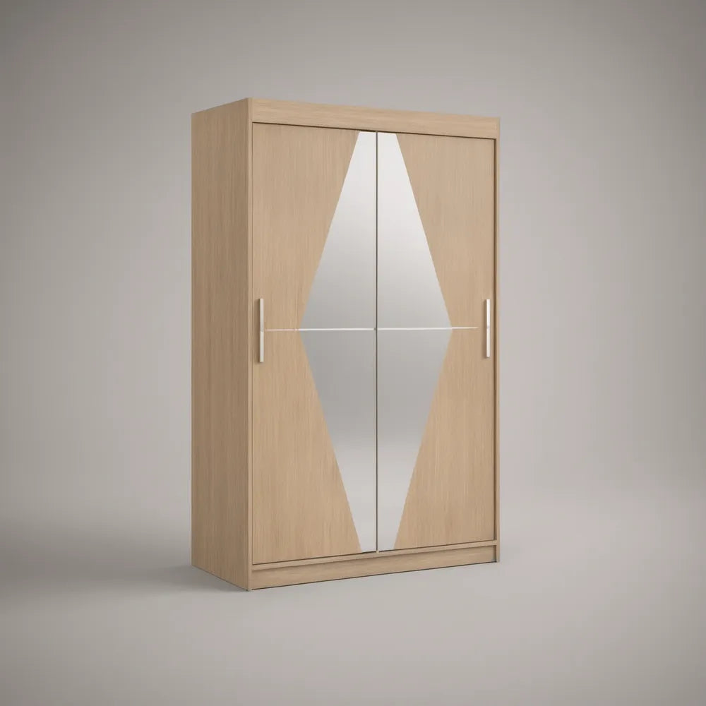 47.2 x 23.6 x 78.7 in Light Oak MDF Sliding Door Wardrobe with White Handles and Diamond Mirror