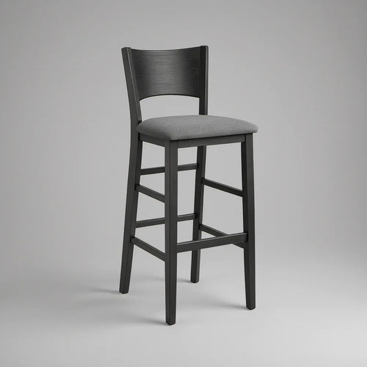 30 in Black Rubberwood Bar Stool with Gray Upholstered Seat and Curved Backrest, 18 x 19 x 43 in