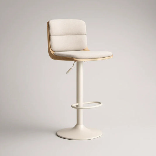 Cream Adjustable Swivel Bar Stool with Natural Brown Plywood Shell and Ivory White Base, 18.5 x 20 x 37-45 in