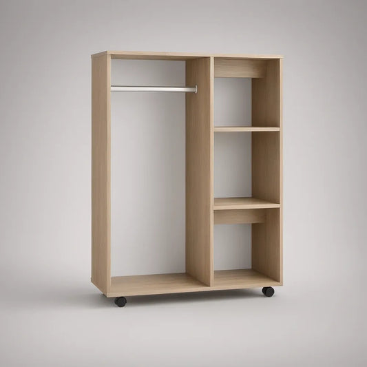 Natural Oak Rolling Open Wardrobe with Shelves and Hanging Rod, 48 in W x 20 in D x 71 in H