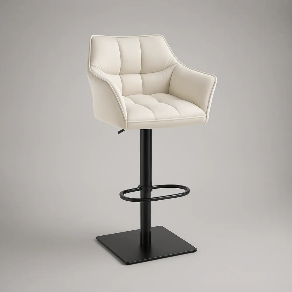 Adjustable Swivel Bar Stool with Arms, Cream PU Leather and Black Square Base, 19.7 x 20.5 x 37-45 in