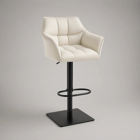 Adjustable Swivel Bar Stool with Arms, Cream PU Leather and Black Square Base, 19.7 x 20.5 x 37-45 in