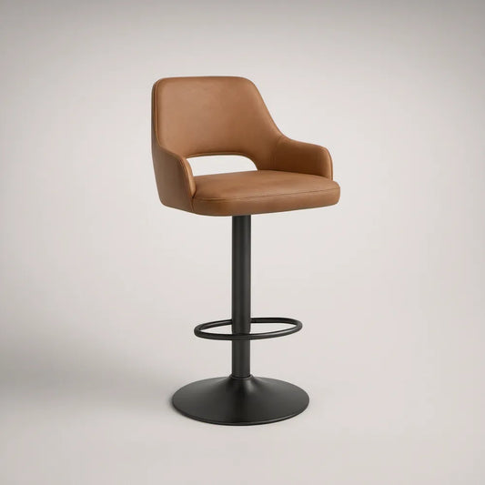 Adjustable Swivel Bar Stool with Arms, 21.5 x 21 x 40-48 in, Brown PU Upholstery, Black Steel Base