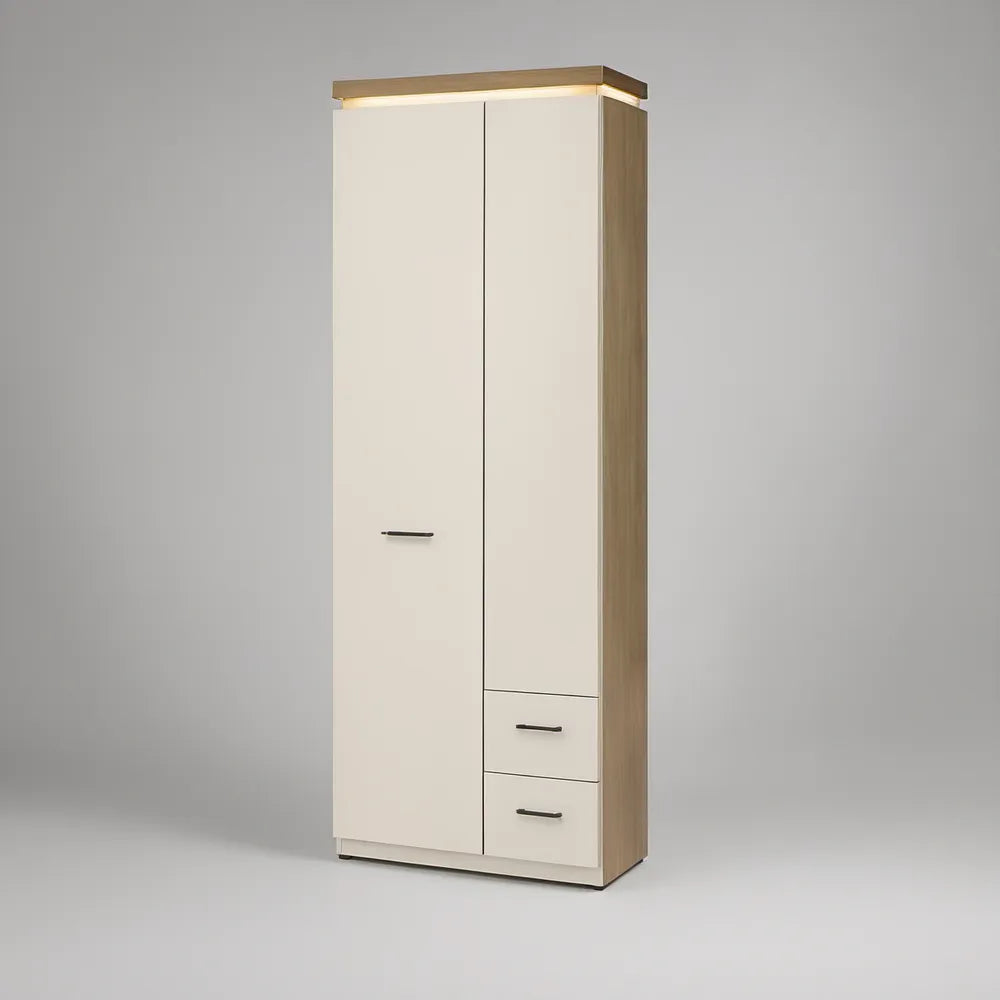 White and Oak 2-Door Wardrobe with 2 Drawers and LED Light, 80 x 52 x 200 cm