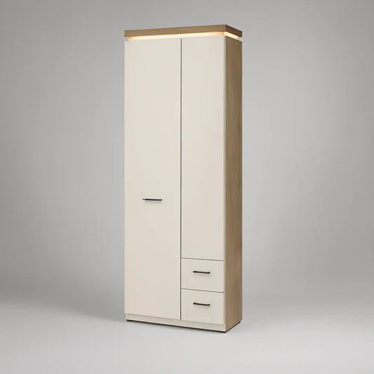 White and Oak 2-Door Wardrobe with 2 Drawers and LED Light, 80 x 52 x 200 cm