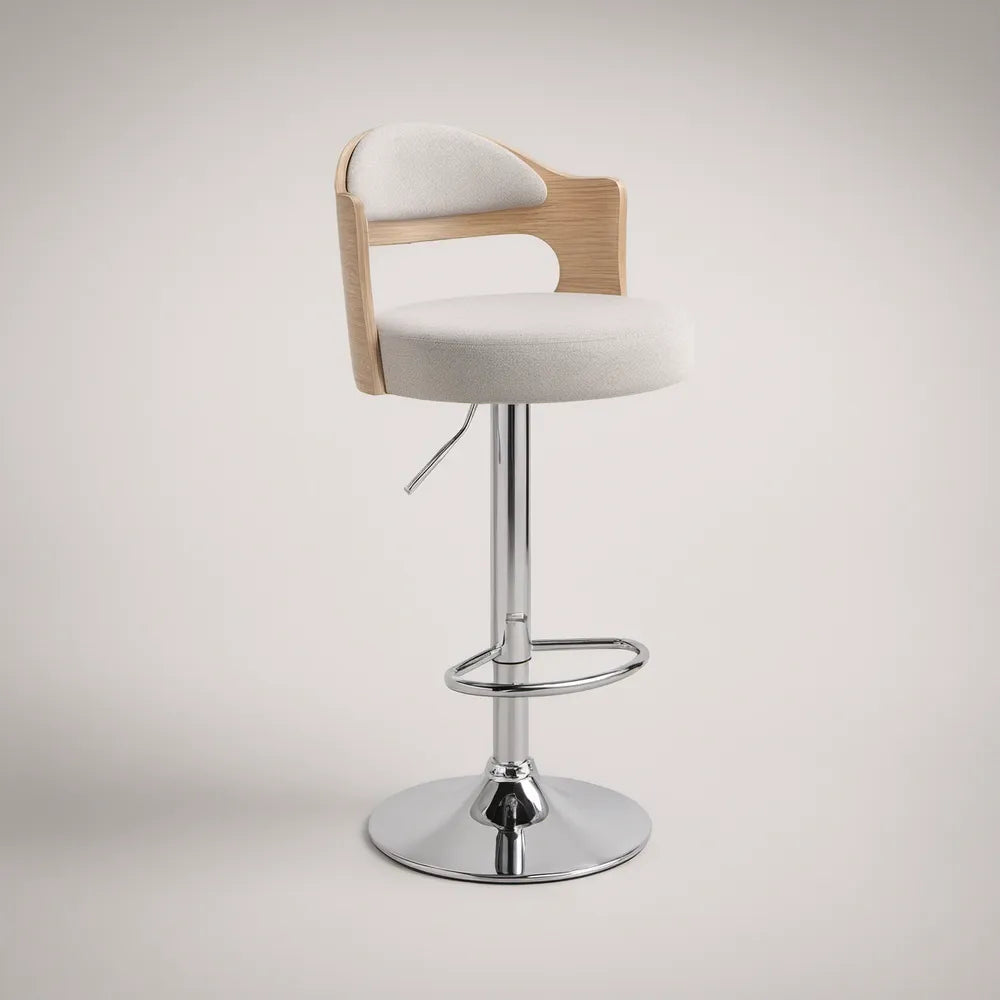 Cream Adjustable Swivel Bar Stool with Natural Oak Veneer Backrest and Chrome Base, 20 x 20 x 34.5-42.5 in