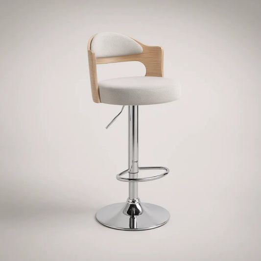 Cream Adjustable Swivel Bar Stool with Natural Oak Veneer Backrest and Chrome Base, 20 x 20 x 34.5-42.5 in