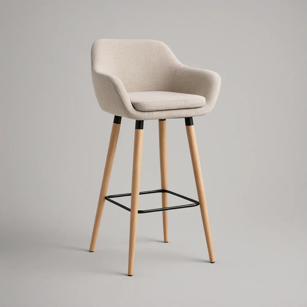 Beige Upholstered Counter-Height Bar Stool with Arms, Natural Rubberwood Legs and Black Steel Footrest, 22 x 21 x 39 in