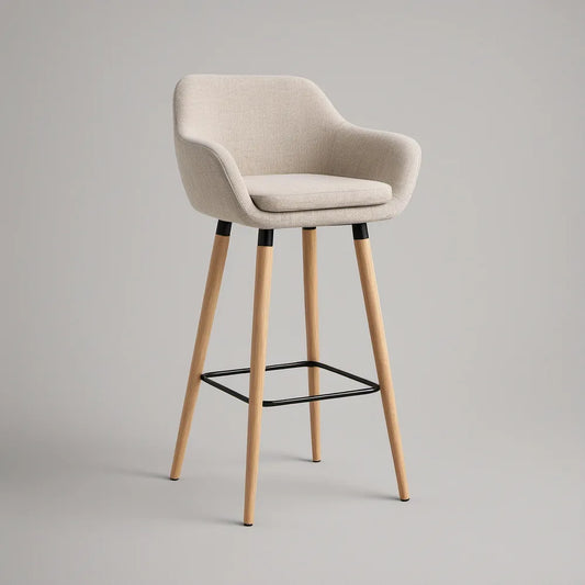 Beige Upholstered Counter-Height Bar Stool with Arms, Natural Rubberwood Legs and Black Steel Footrest, 22 x 21 x 39 in