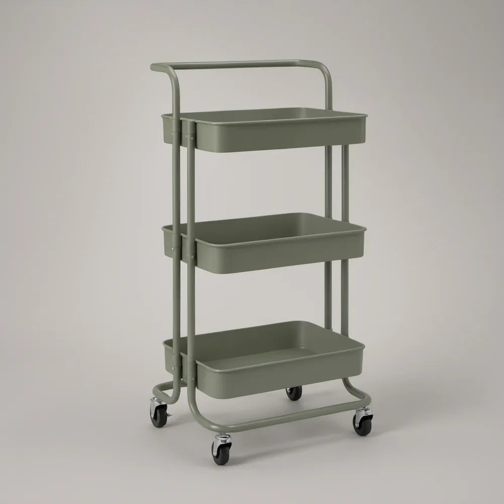 3-Tier Steel Rolling Cart with Handle, Gray Green, 16.5 x 13.8 x 34.6 in