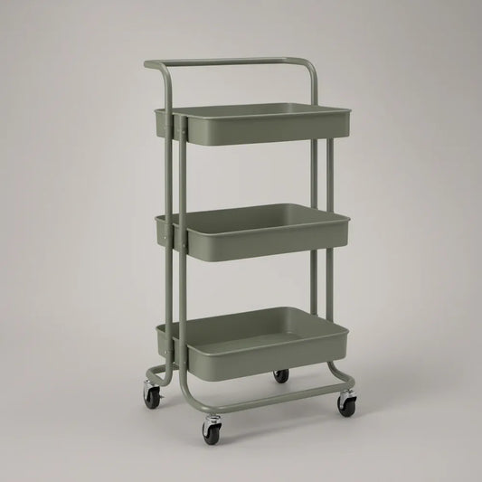 3-Tier Steel Rolling Cart with Handle, Gray Green, 16.5 x 13.8 x 34.6 in