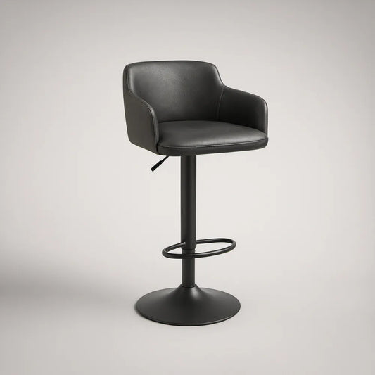 Black Adjustable Swivel Bar Stool with Arms, PU Upholstery, Steel Base, 20.5 x 20 x 34.5-43 in