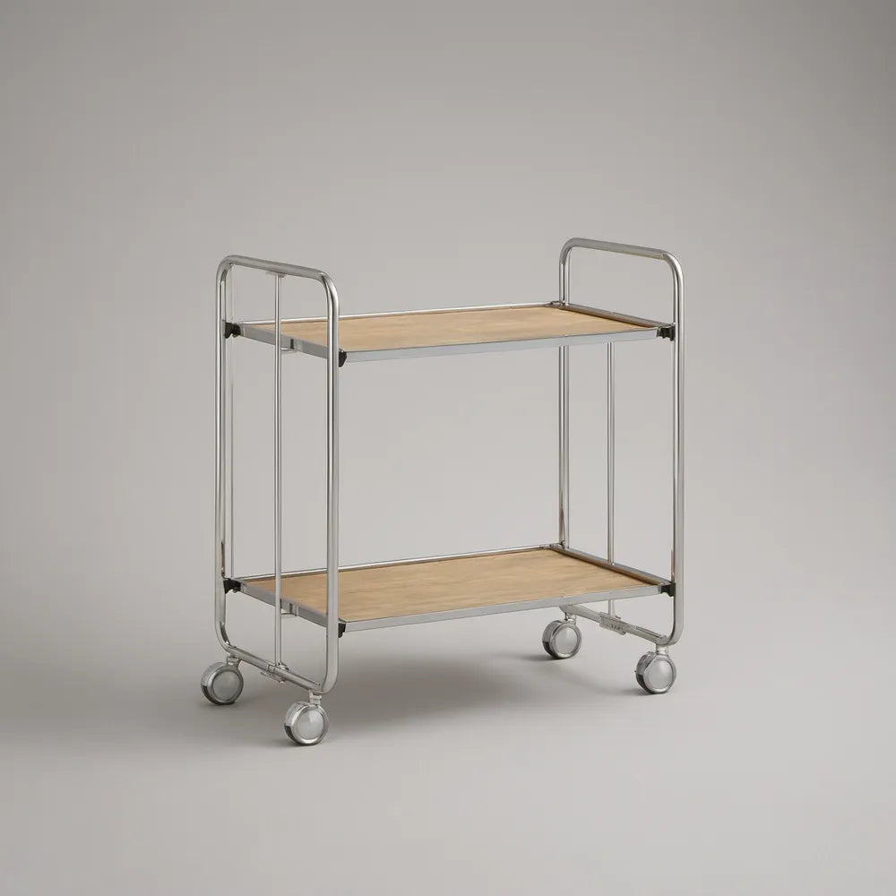 Two-Tier Bamboo and Chrome-Plated Steel Serving Cart with Locking Casters, 30 x 18 x 32 in, Natural/Silver