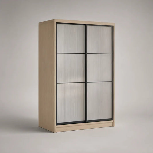 2-Door Sliding Wardrobe, 47.2 x 23.6 x 78.7 in, Light Oak/Black/Translucent White