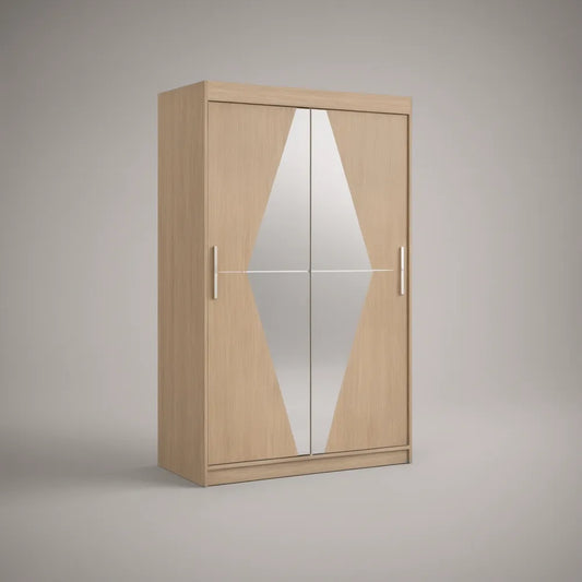 47.2 x 23.6 x 78.7 in Light Oak MDF Sliding Door Wardrobe with White Handles and Diamond Mirror