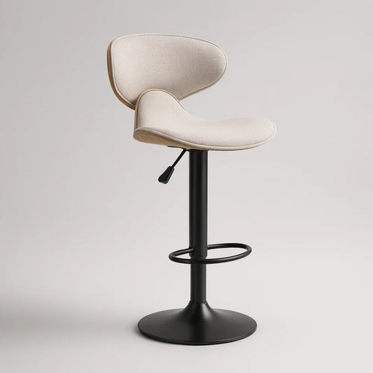 Adjustable Swivel Bar Stool, Cream Boucle Upholstery, Black Steel Pedestal Base, 24.4-33.1 in Seat Height